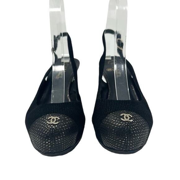 Chanel Tweed Slingback Cap Toe CC Logo Pumps Black Size 38 - Picture 5 of 12
